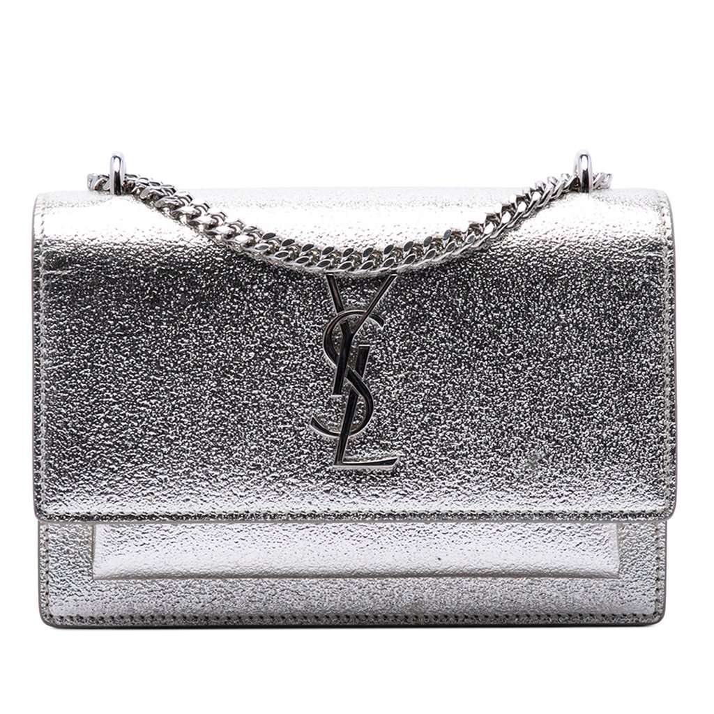 Saint Laurent Mini Metallic Calfskin Monogram Sunset Wallet on Chain Silver Leather Very good condition - Front View