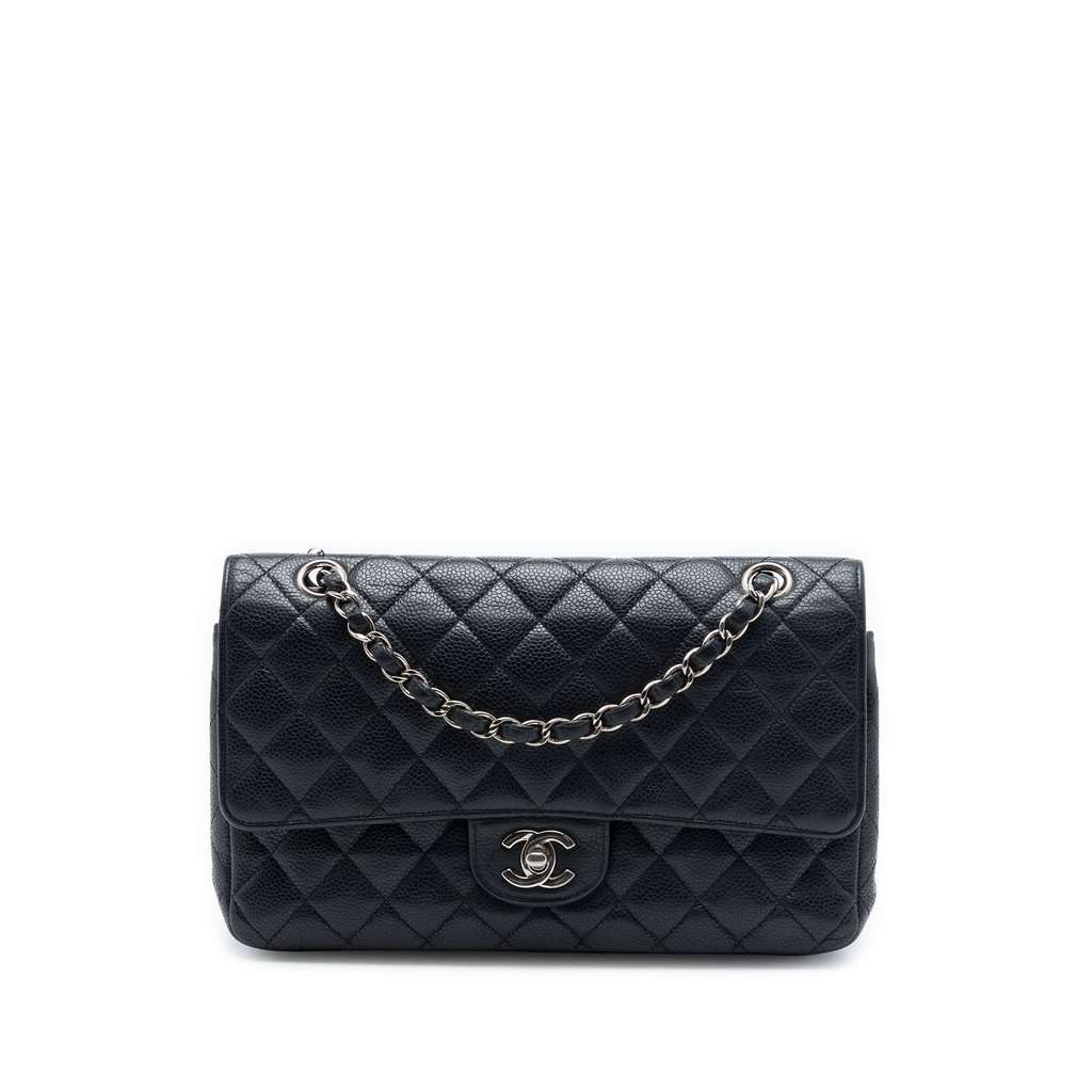 Chanel Medium Classic Caviar Double Flap Black Leather Good - Front View