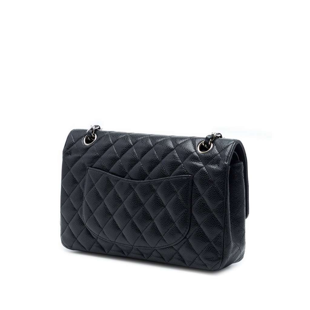 Chanel Medium Classic Caviar Double Flap Black Leather Good - Back View