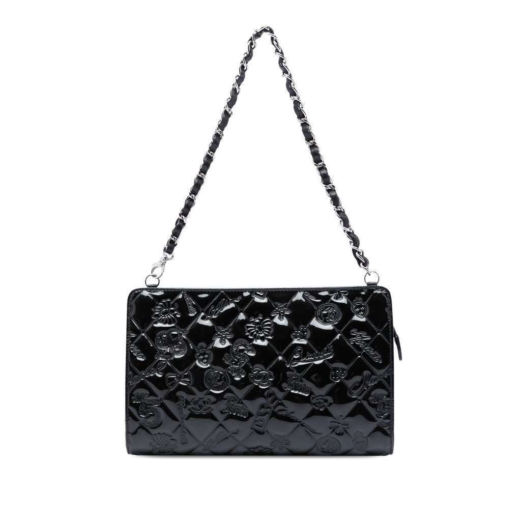 Chanel Quilted Patent Embossed Lucky Symbols Pochette Black Leather Very good condition - Front View