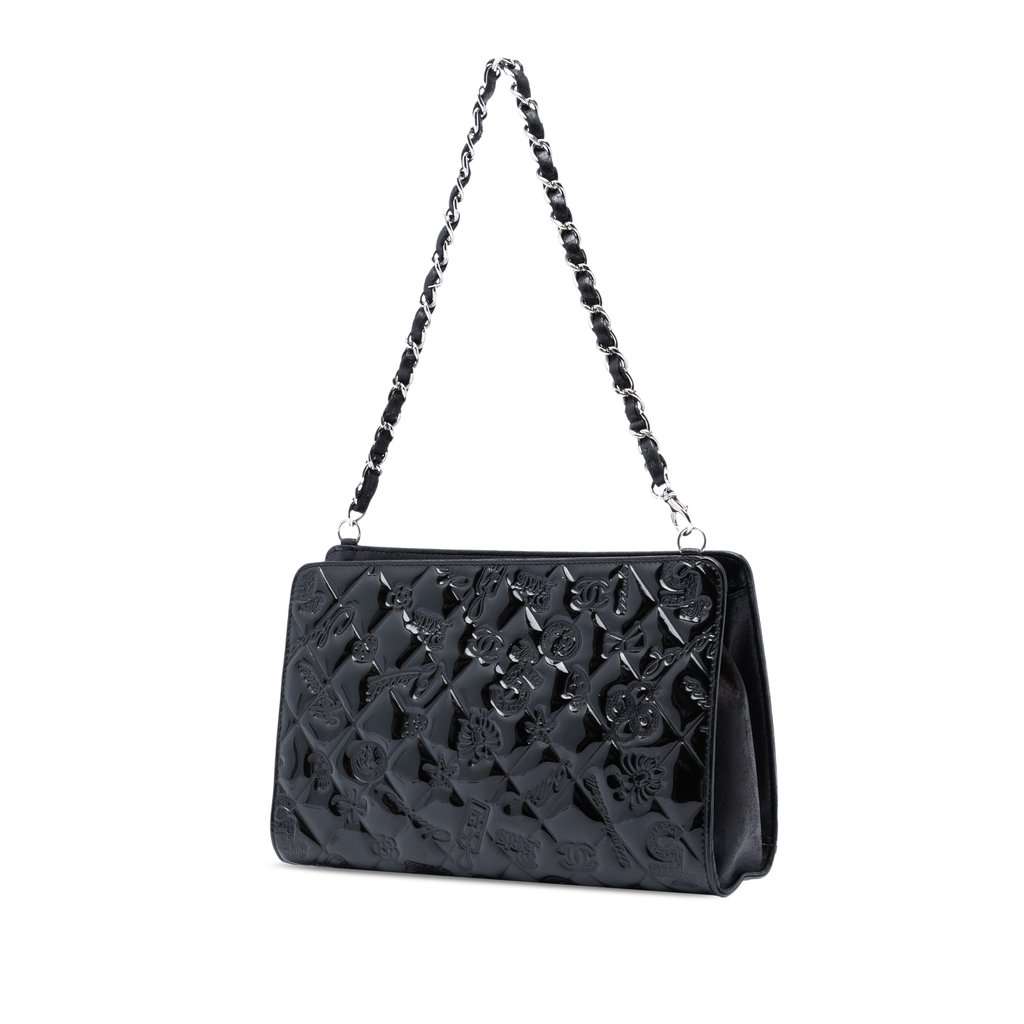 Chanel Quilted Patent Embossed Lucky Symbols Pochette Black Leather Very good condition - Back View