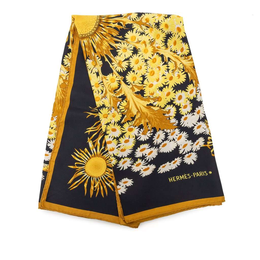 Hermès Fleurs et Carlines Silk Scarf 90 Black Very good condition - Front View