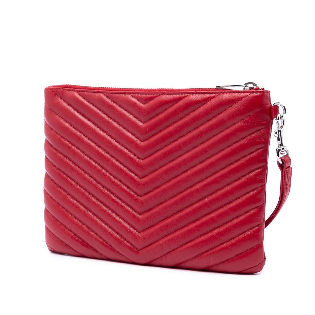 Saint Laurent Chevron Leather Monogram Zip A5 Wristlet Pouch Red Leather Very good condition - Back View