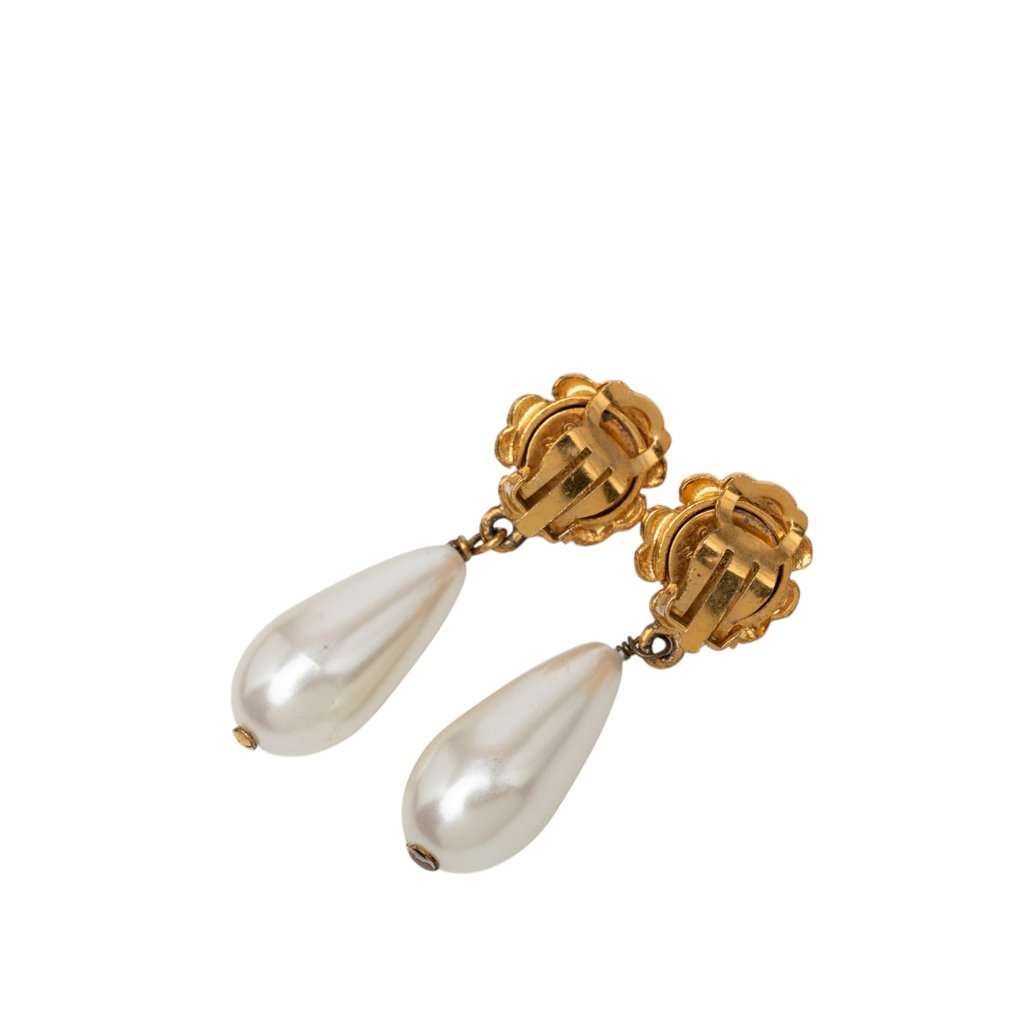 Chanel Gold Plated Faux Pearl Camellia Drop Clip On Earrings Gold Metal Very good condition - Back View
