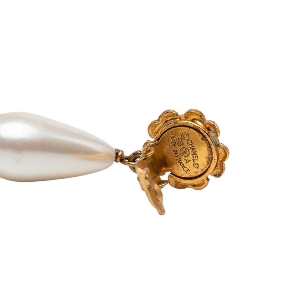 Chanel Gold Plated Faux Pearl Camellia Drop Clip On Earrings Gold Metal Very good condition - Inside View