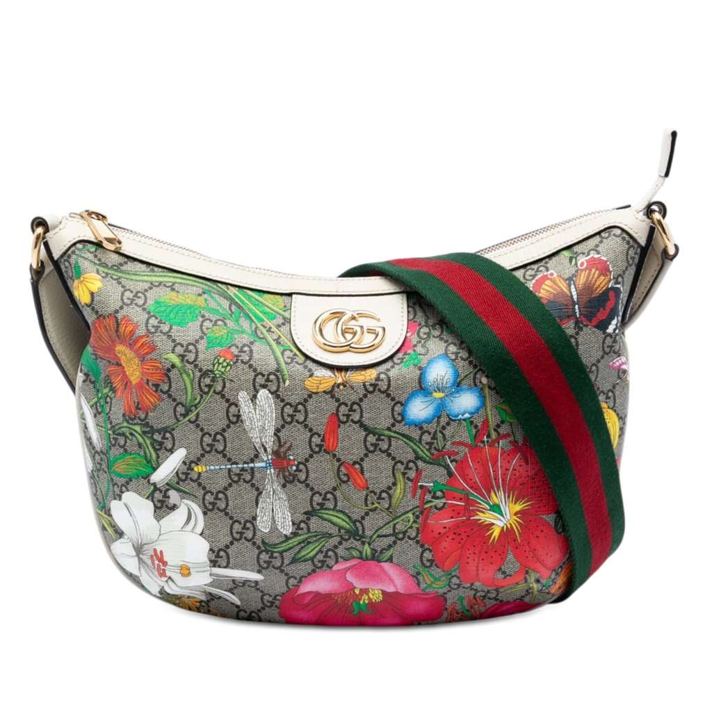 Gucci Small GG Supreme Web Ophidia Flora Half Moon Crossbody Beige Very good condition - Front View