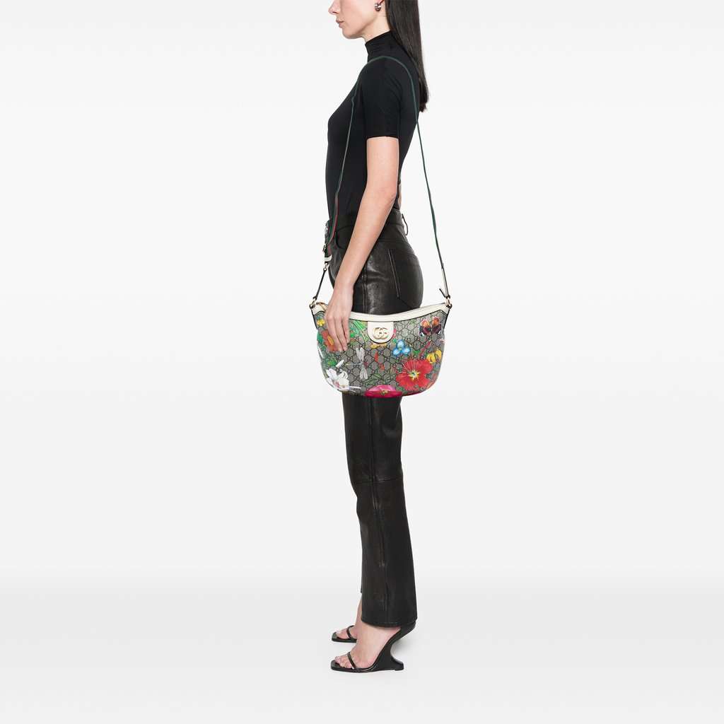 Gucci Small GG Supreme Web Ophidia Flora Half Moon Crossbody Beige Very good condition - Box View
