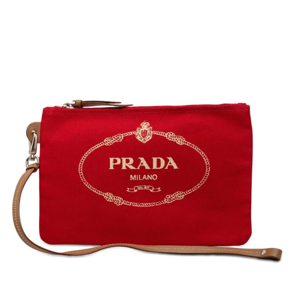 Prada Canvas Canapa Logo Wristlet Pouch Red Very good condition - Front View