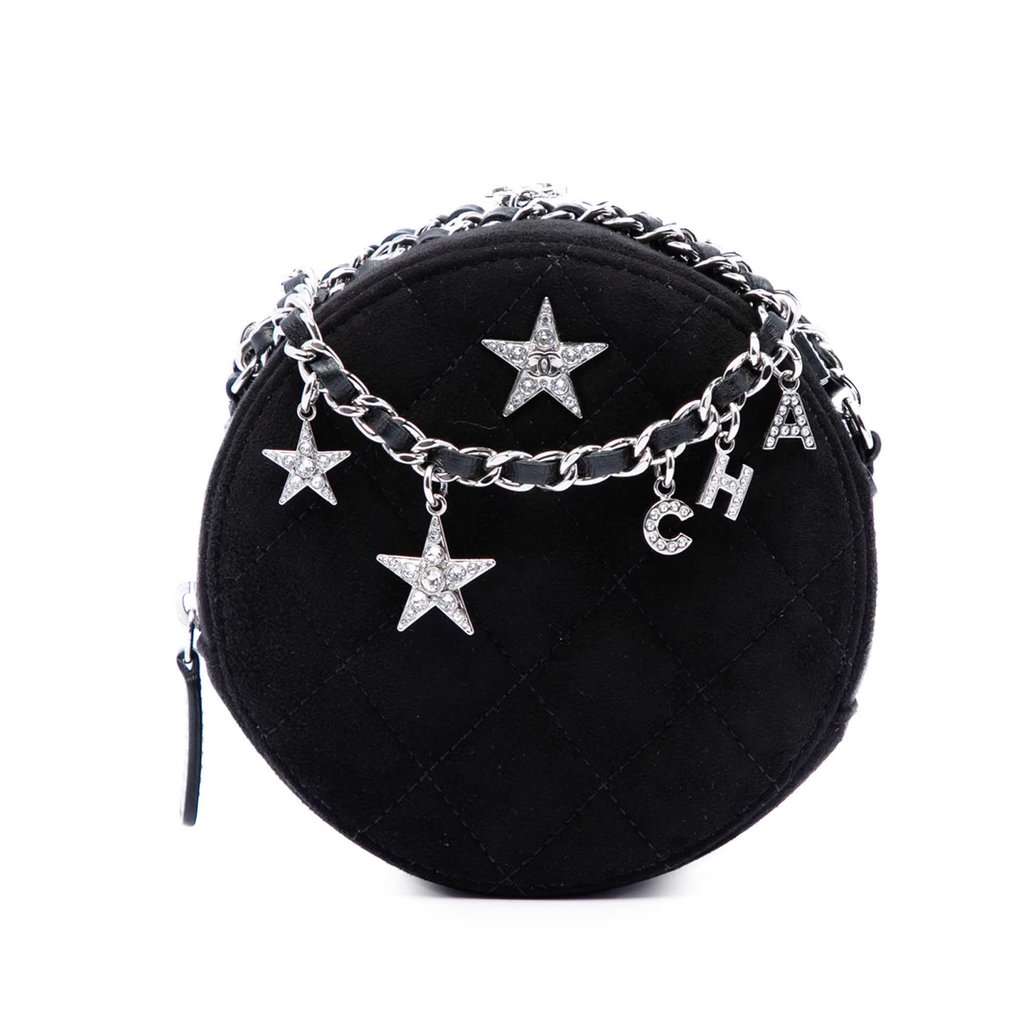 Chanel Quilted Suede Cocostellar Round Clutch with Chain Black Leather Very good condition - Front View