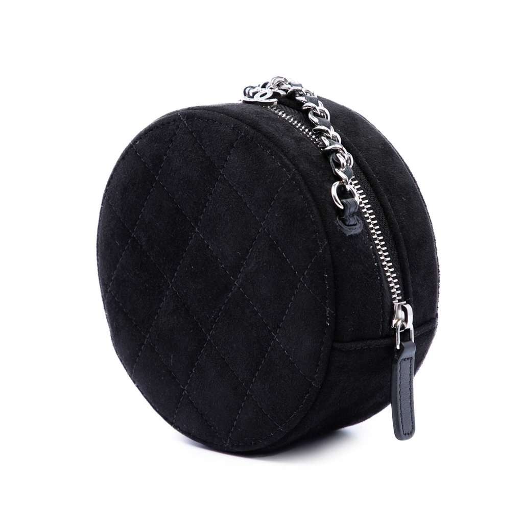 Chanel Quilted Suede Cocostellar Round Clutch with Chain Black Leather Very good condition - Back View