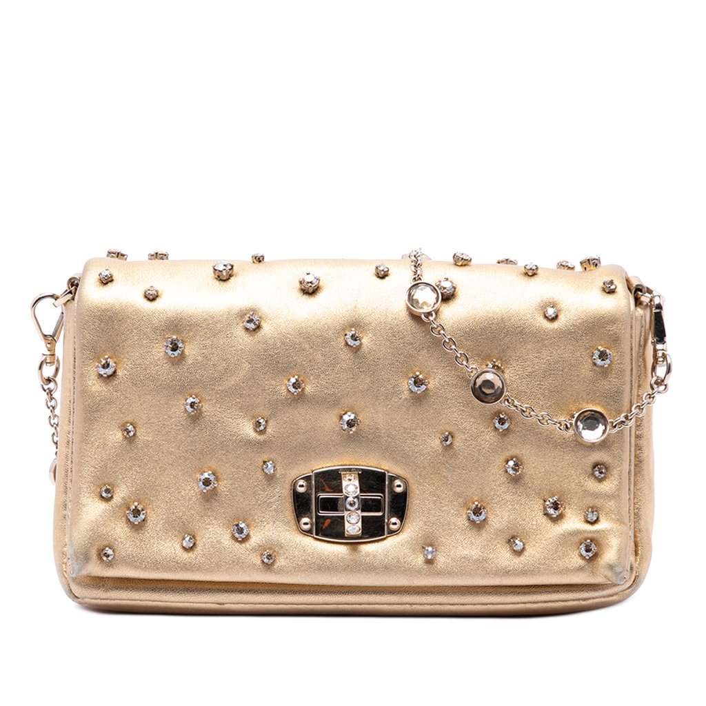 Miu Miu Metallic Nappa Strass Studded Flap Crossbody Gold Leather Very good - Front View