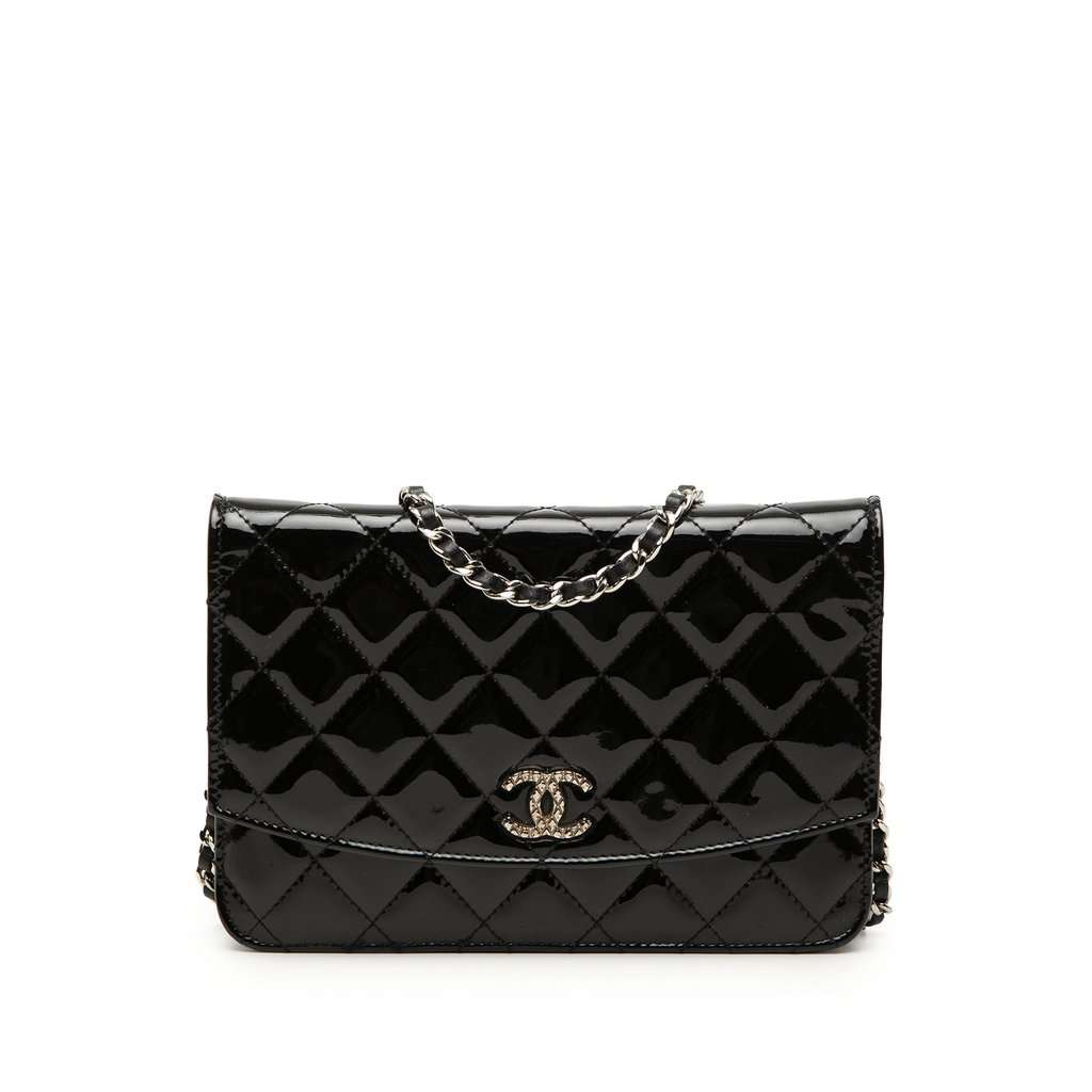 Chanel CC Quilted Patent Brilliant Wallet On Chain Black Leather Very good condition - Front View