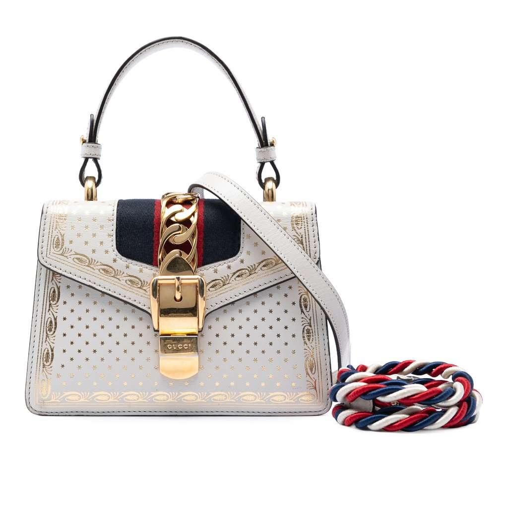 Gucci Mini Calfskin Web Star Print Sylvie Satchel White Leather Very good condition - Front View