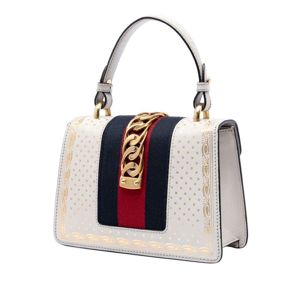 Gucci Mini Calfskin Web Star Print Sylvie Satchel White Leather Very good condition - Back View
