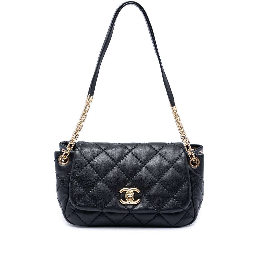Chanel Quilted Calfskin Stitch Retro Chain Accordion Flap Black Leather Very good condition - Front View