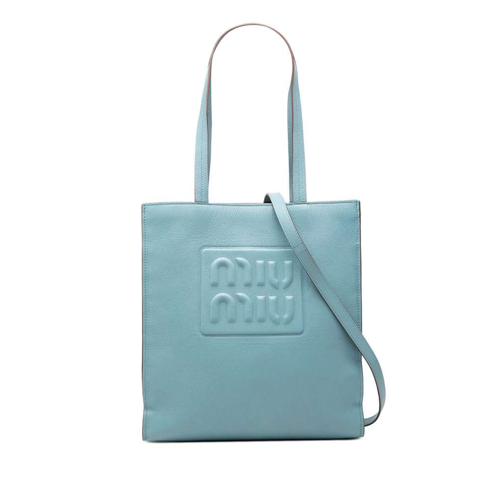 Miu Miu Goatskin Madras Embossed Logo Satchel Blue Leather Very good - Front View