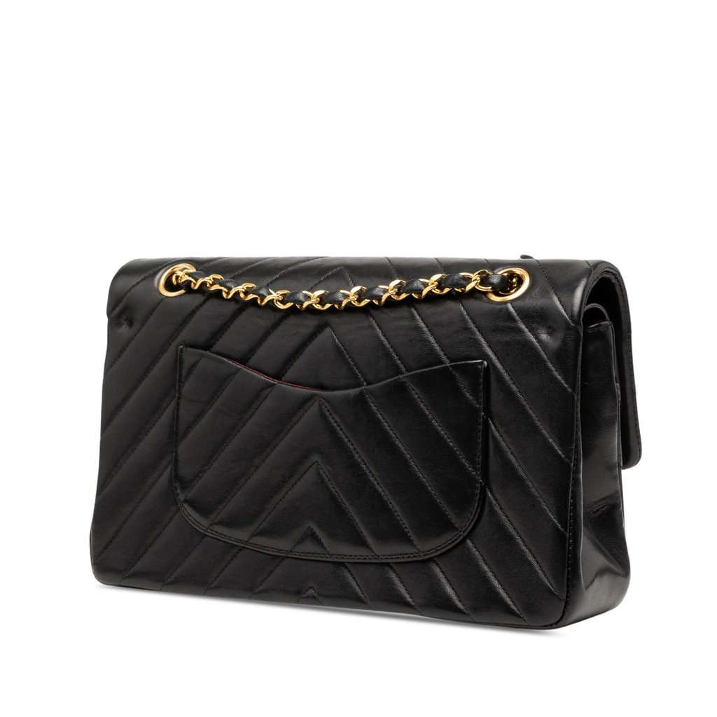 Chanel Medium Classic Chevron Lambskin Double Flap Black Leather Very good - Back View