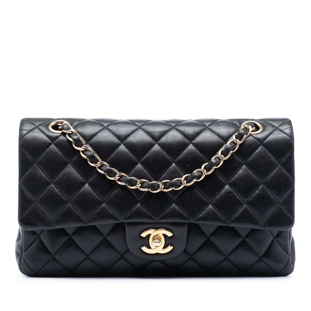 Chanel Medium Classic Lambskin Double Flap Black Leather Very good - Front View