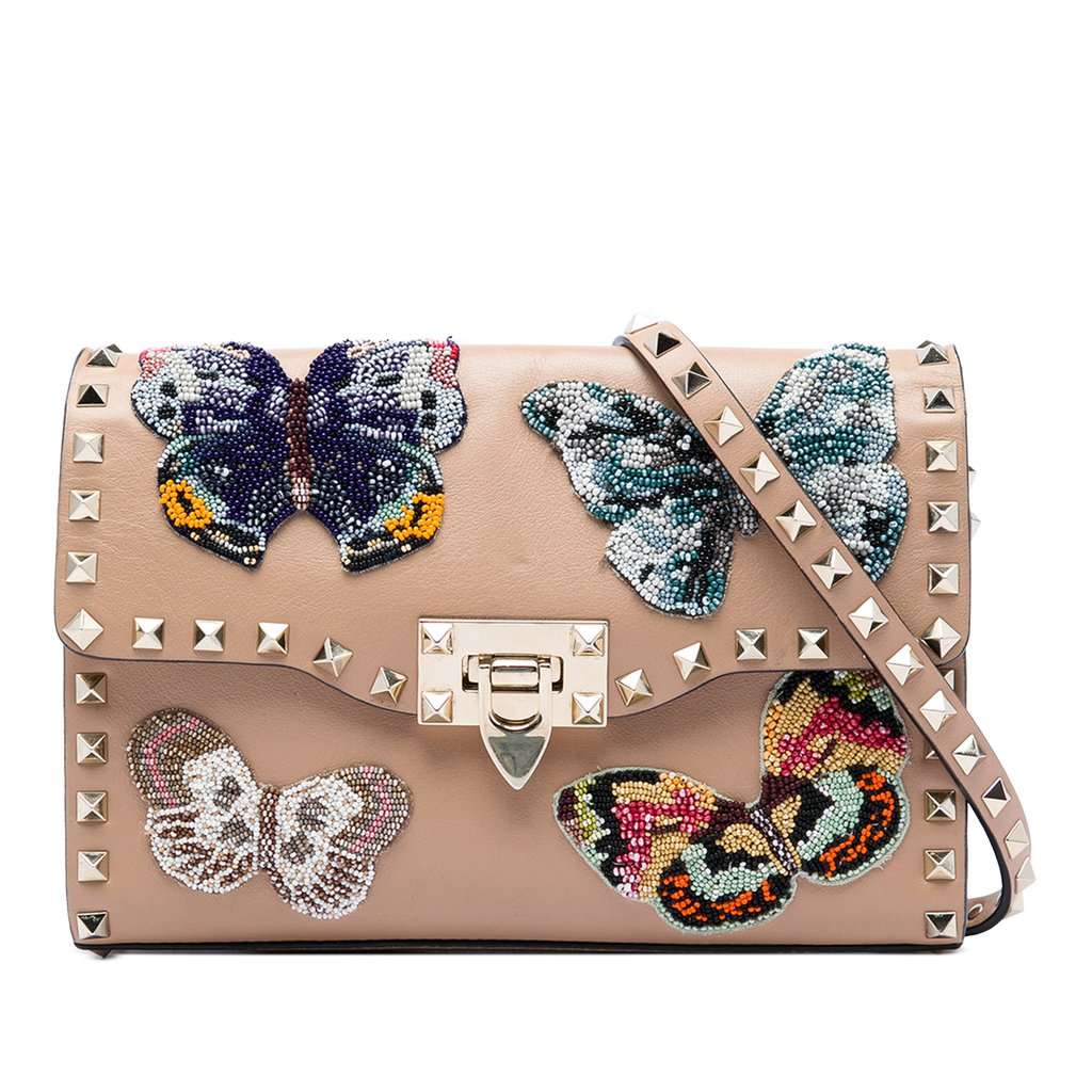 Valentino Medium Beaded Butterfly Embellished Leather Rockstud Flap Crossbody Brown Leather Very good condition - Front View