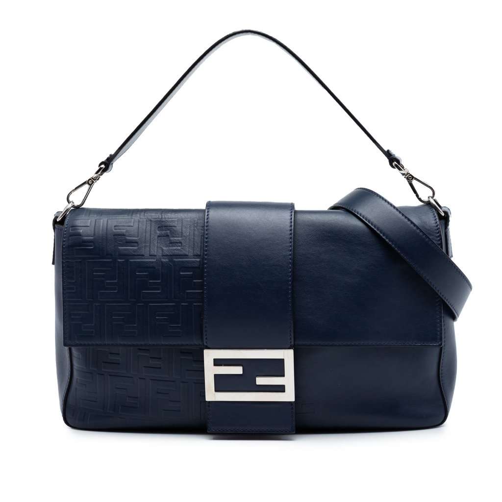 Fendi Large Zucca Embossed Leather Convertible Belt Baguette Blue Leather Very good condition - Front View