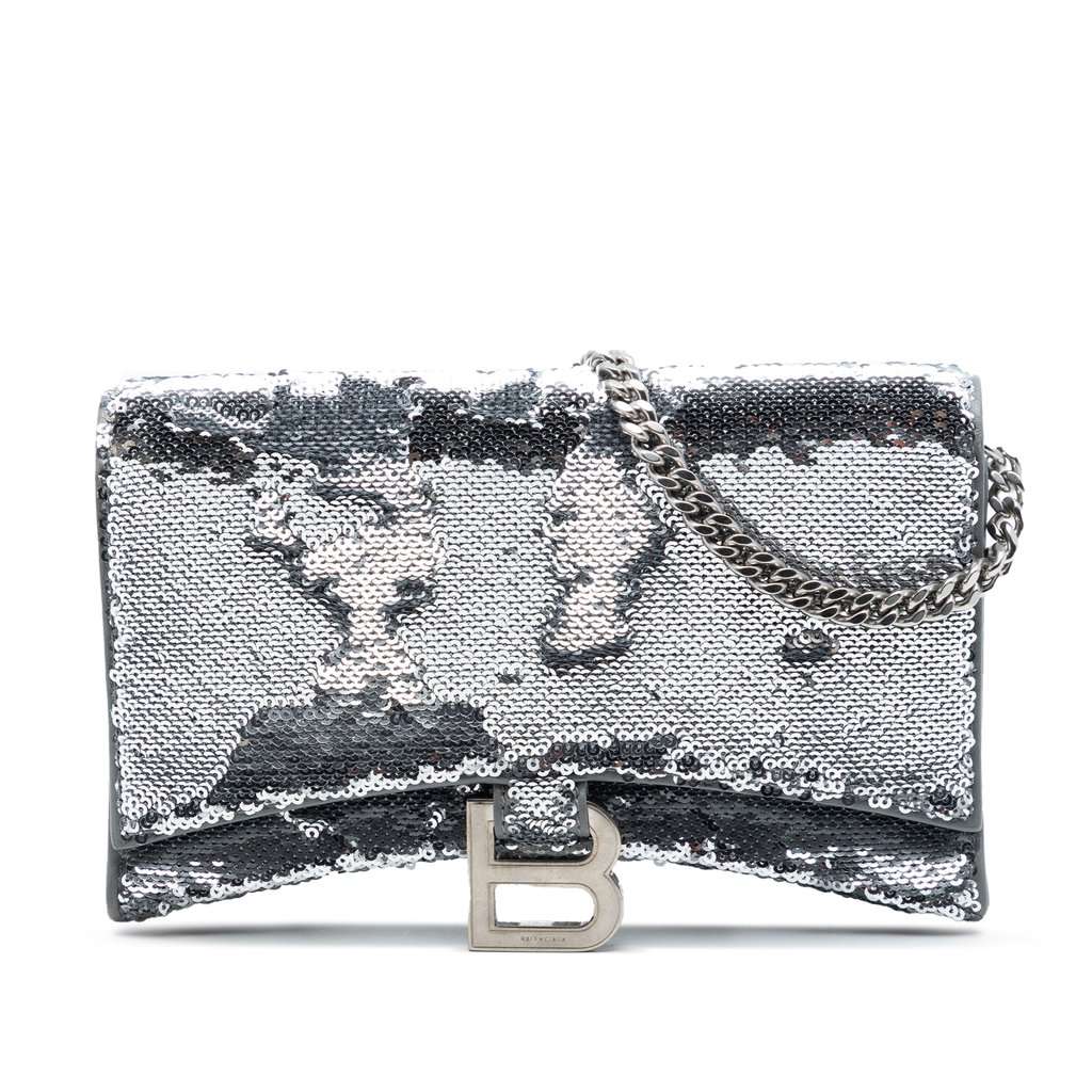 Balenciaga Nappa Sequin Hourglass Wallet on Chain Silver Leather Very good condition - Front View