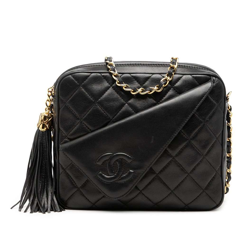 Chanel Mini CC Quilted Lambskin Tassel Camera Bag Black Leather Very good condition - Front View