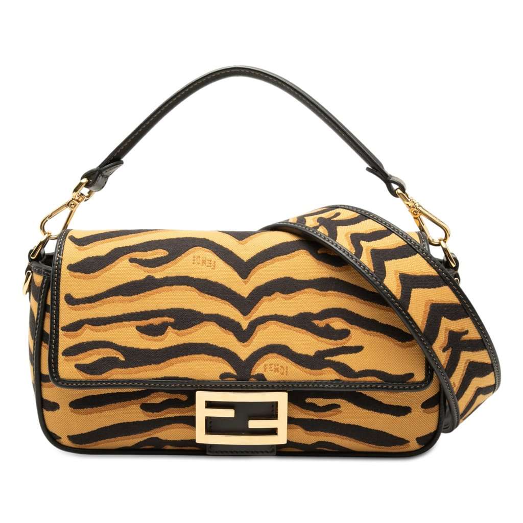 Fendi Embroidered Canvas Tiger Print Baguette Satchel Brown Very good condition - Front View