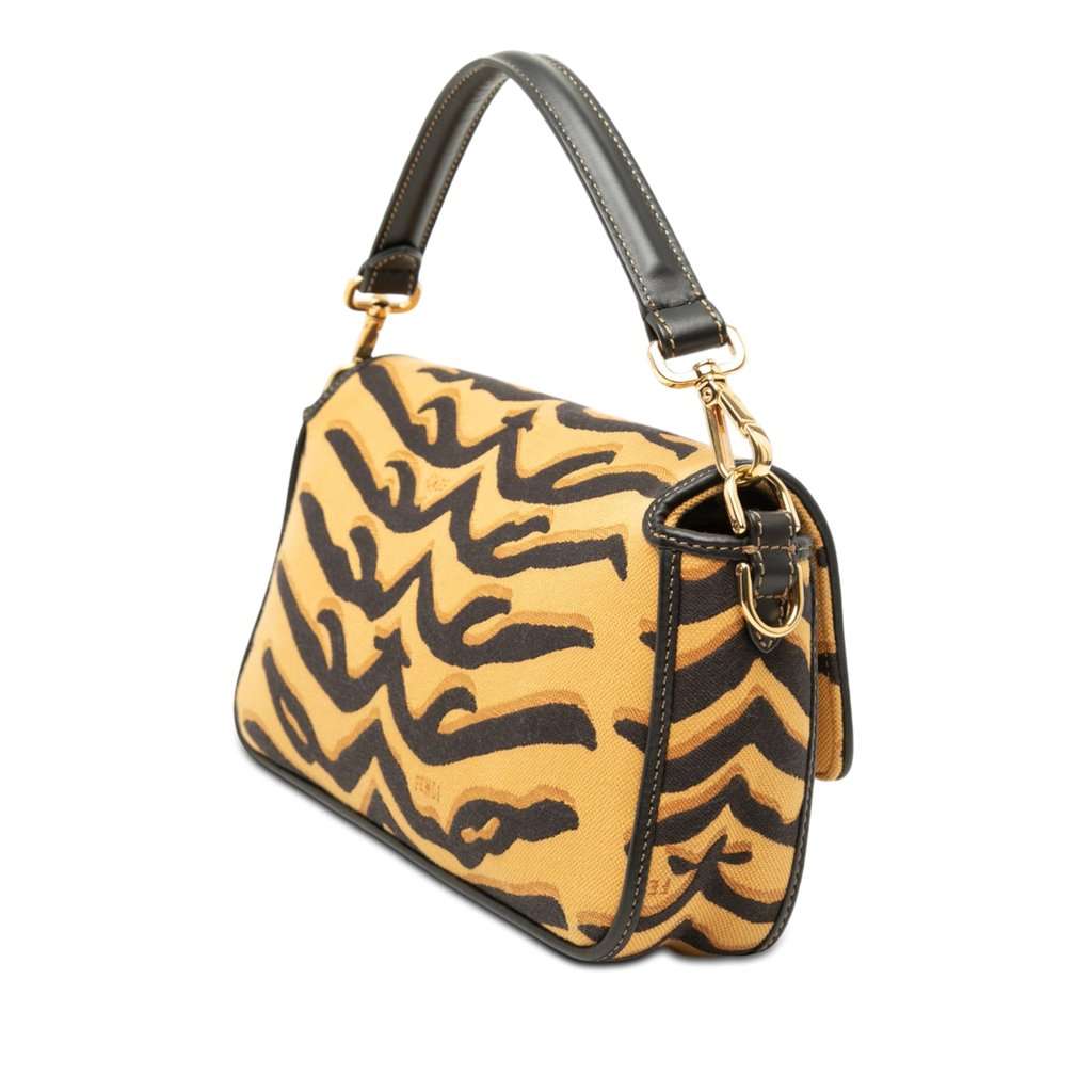 Fendi Embroidered Canvas Tiger Print Baguette Satchel Brown Very good condition - Back View