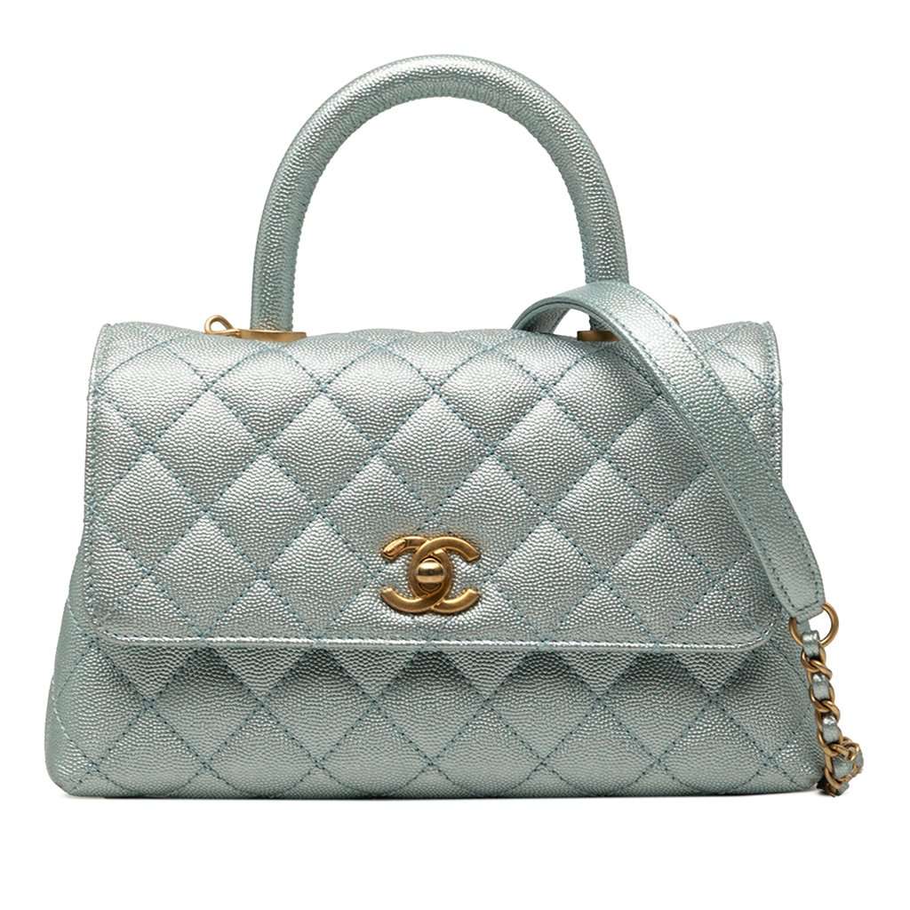 Chanel Mini Metallic Caviar Coco Top Handle Bag Blue Leather Very good condition - Front View