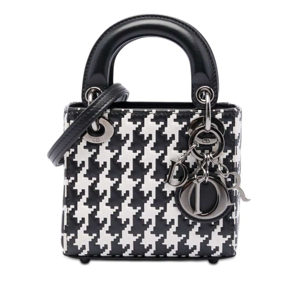 Dior Micro Calfskin Houndstooth Embossed Macro Lady Dior Black Leather Very good condition - Front View