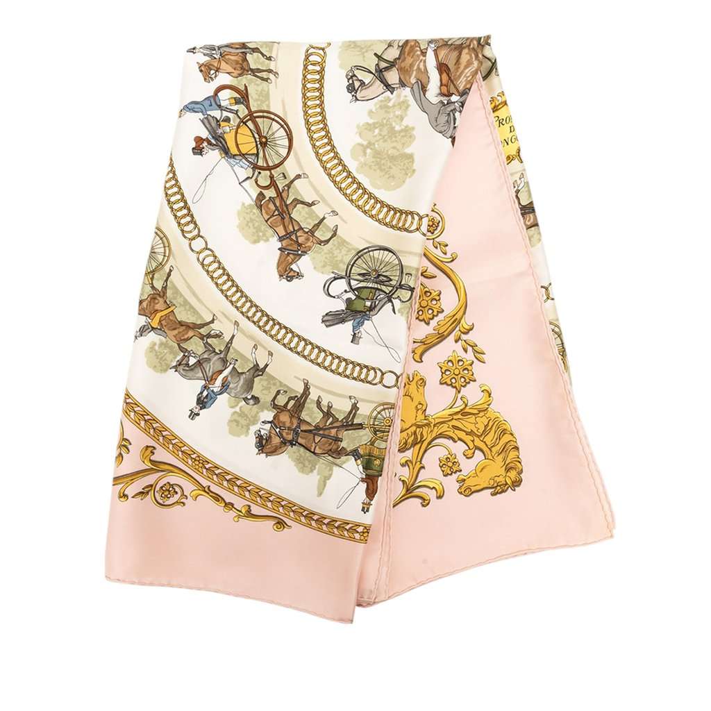 Hermès La Promenade De Longchamps Silk Scarf 90 Pink Very good condition - Front View