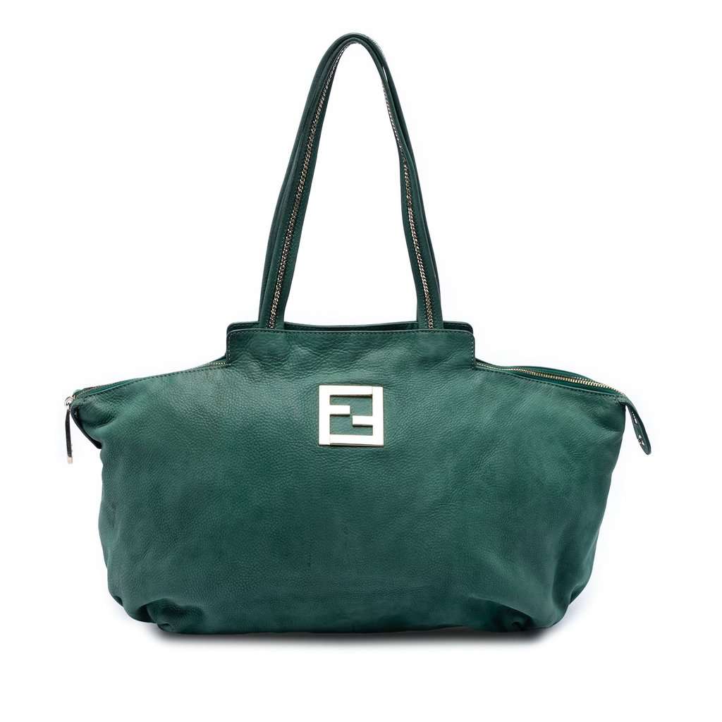 Fendi Medium FF Nubuck Chains Tote Green Leather Very good - Front View