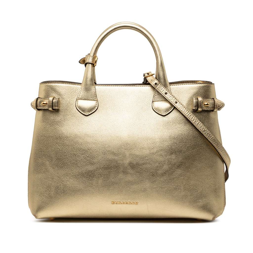 Burberry Medium Metallic Leather and House Check Banner Satchel Gold Leather Very good condition - Front View