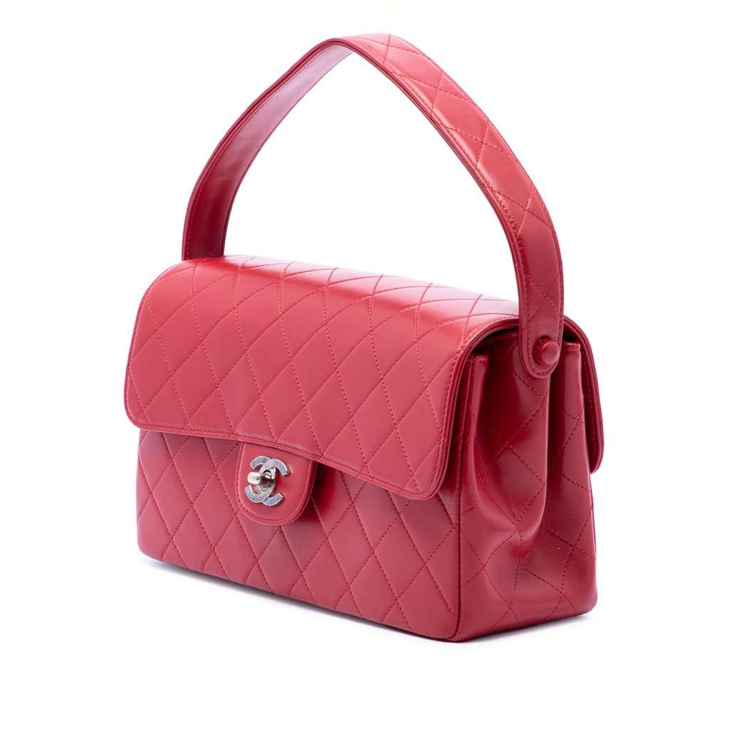 Chanel Medium Quilted Lambskin Top Handle Bag Red Leather Very good condition - Back View
