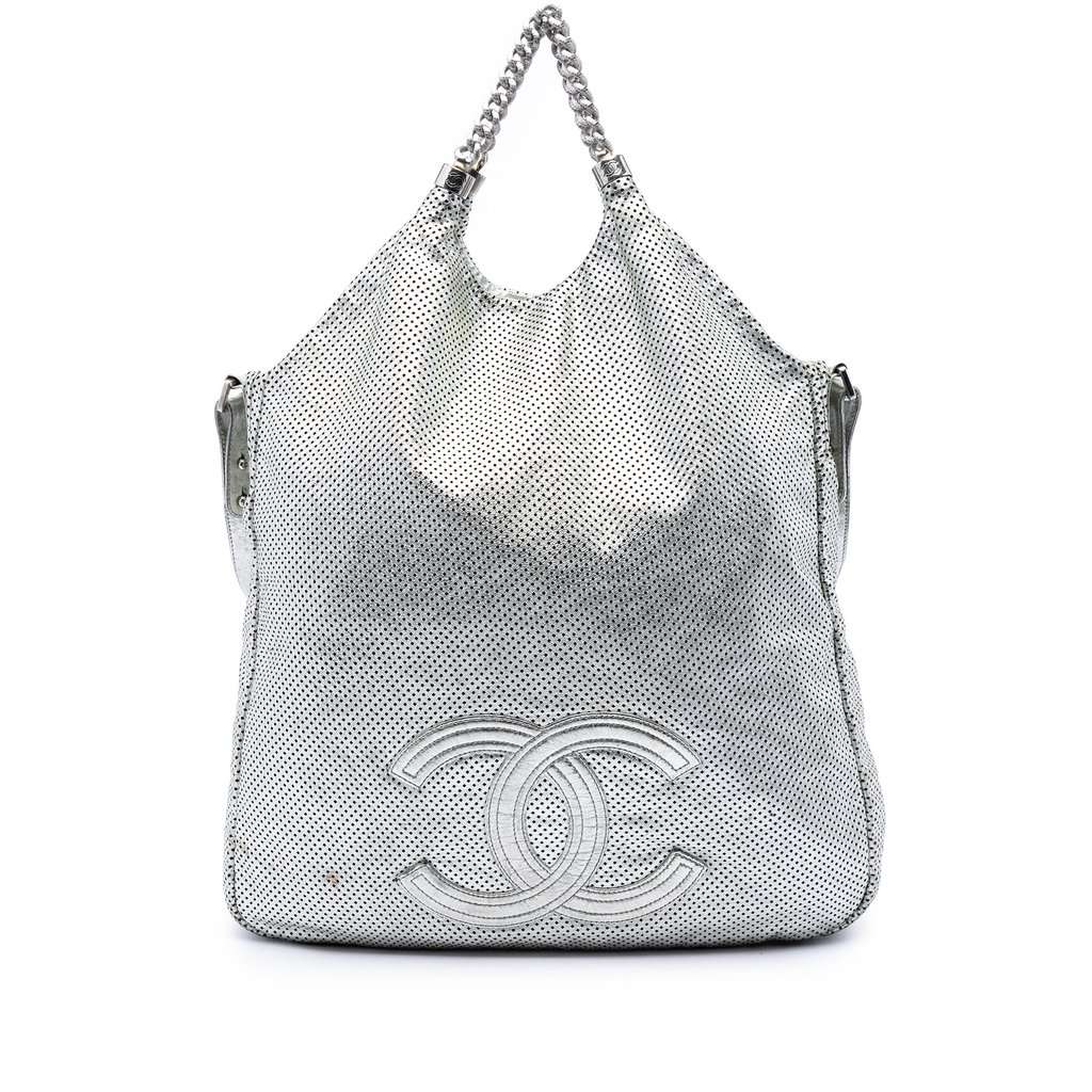 Chanel Large Metallic Glazed Calfskin Perforated Rodeo Drive Satchel Silver Leather Very good condition - Front View