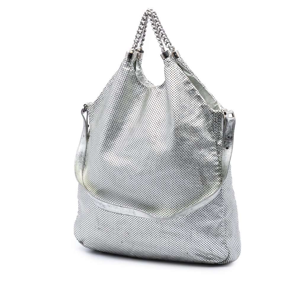 Chanel Large Metallic Glazed Calfskin Perforated Rodeo Drive Satchel Silver Leather Very good condition - Back View