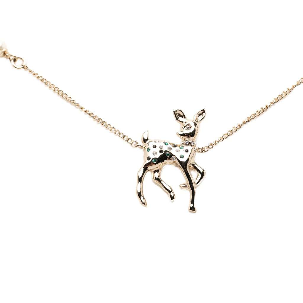 Chanel CC Gold Plated Faux Pearl Strass Deer Pendant Necklace Gold Metal Very good - Front View