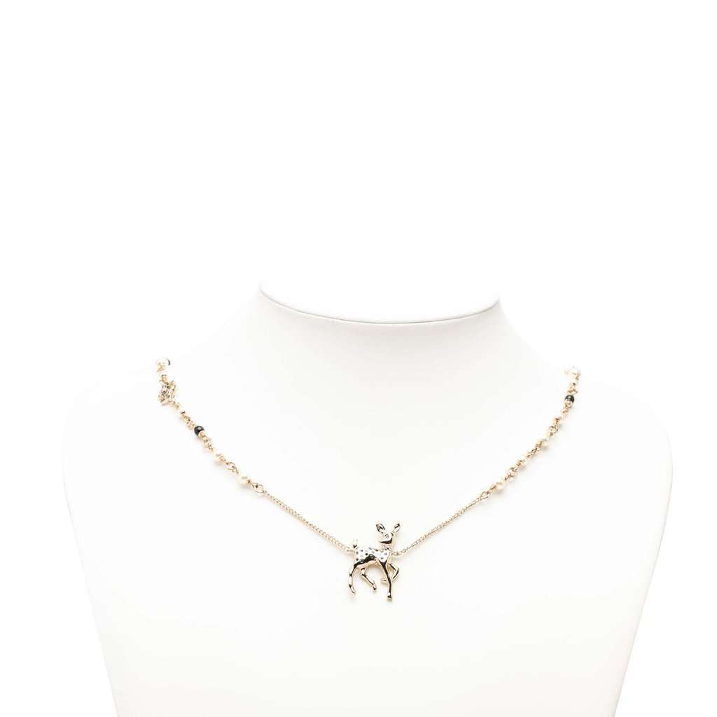 Chanel CC Gold Plated Faux Pearl Strass Deer Pendant Necklace Gold Metal Very good - Box View