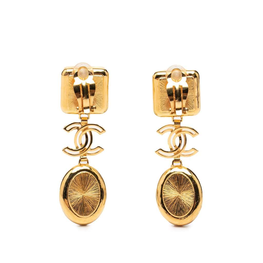 Chanel CC Gold Plated Faux Pearl and Resin Drop Clip On Earrings Gold Metal Very good condition - Back View
