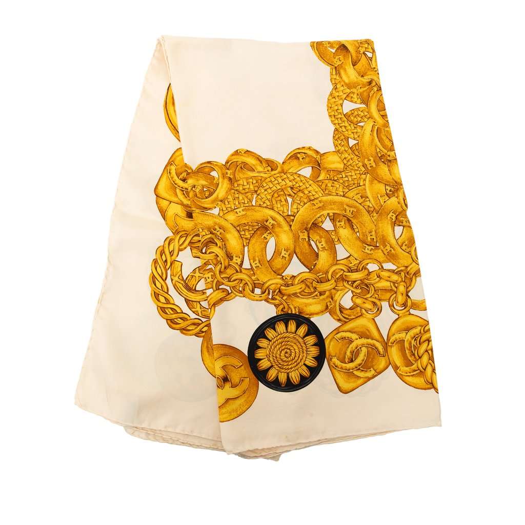Chanel CC Medallion Chain Printed Silk Scarf Gold Very good - Front View