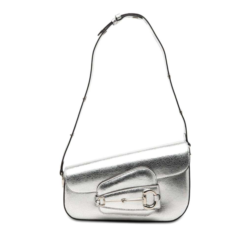 Gucci Metallic Textured Calfskin Asymmetric Horsebit 1955 Shoulder Bag Silver Leather Very good condition - Front View