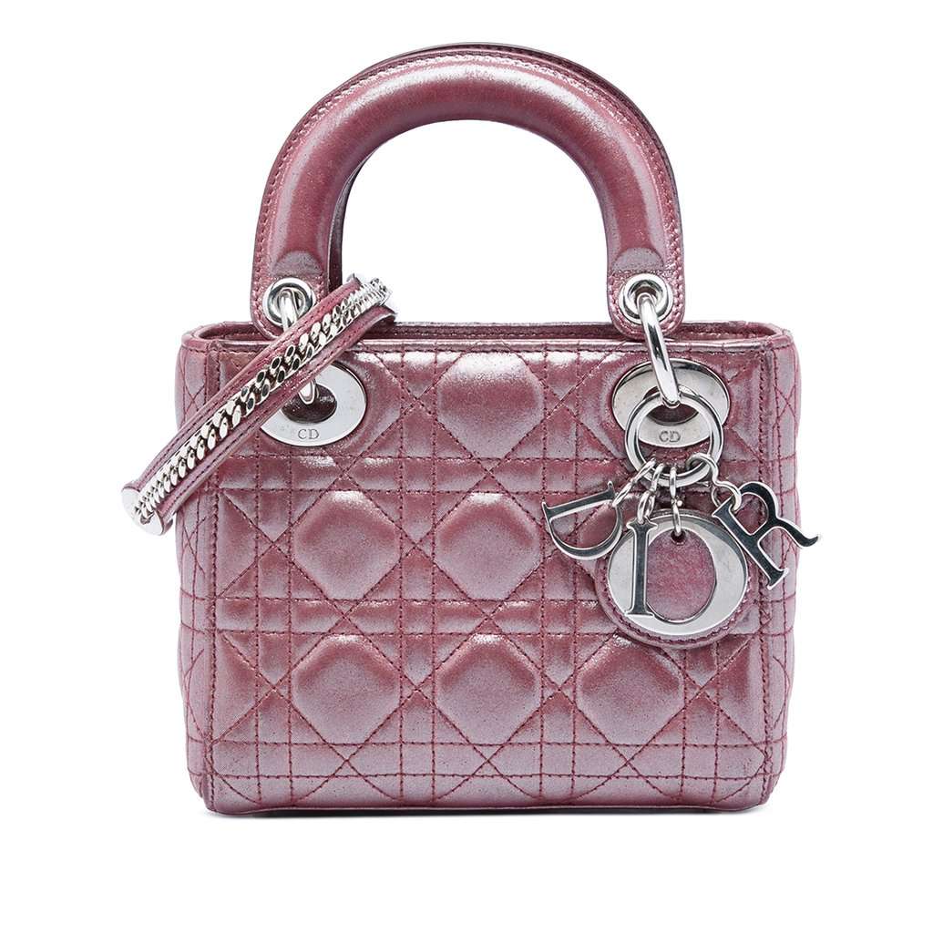 Dior Mini Iridescent Lambskin Cannage Lady Dior Pink Leather Very good - Front View