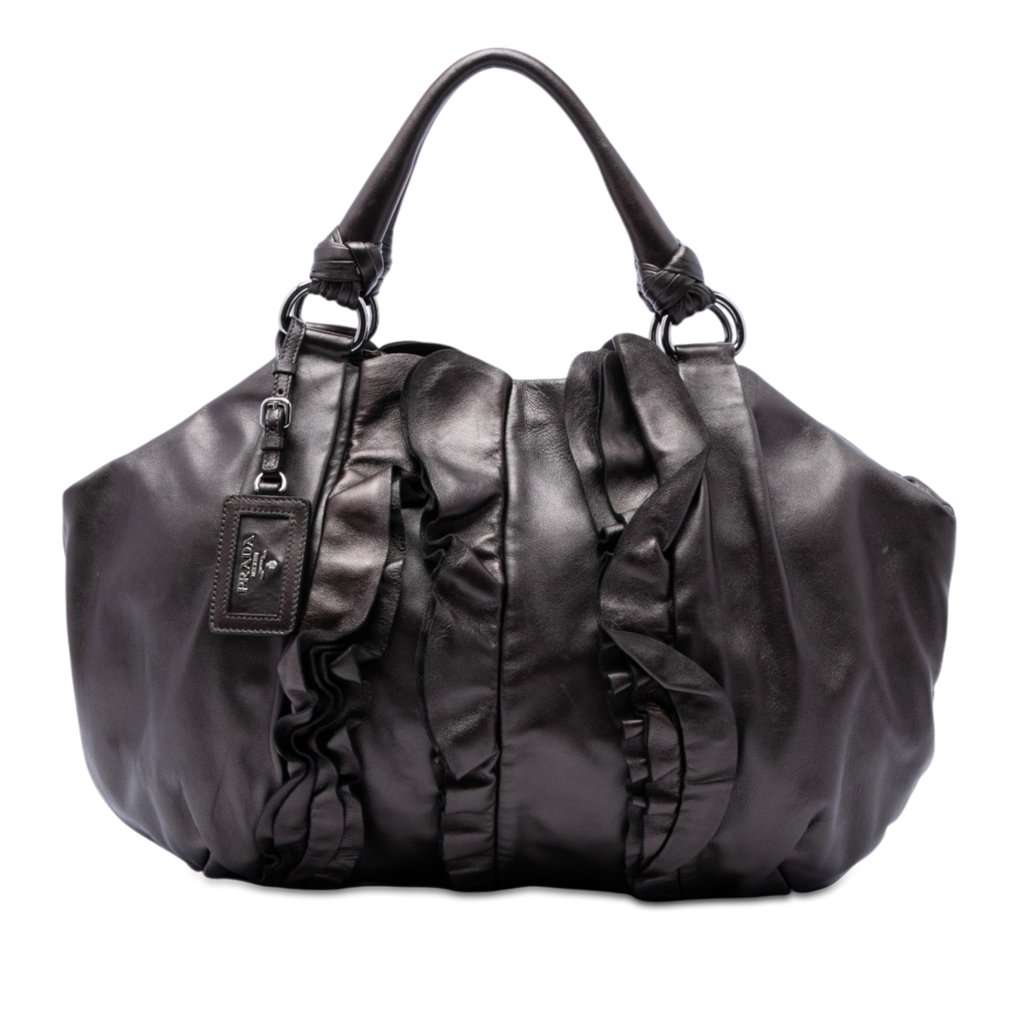 Prada Metallic Nappa Mordore Ruffle Tote Brown Leather Very good - Front View