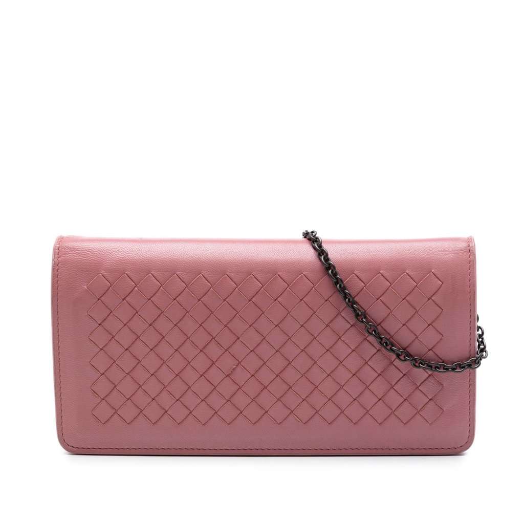 Bottega Veneta Nappa Intrecciato Continental Wallet on Chain Pink Leather Very good condition - Front View