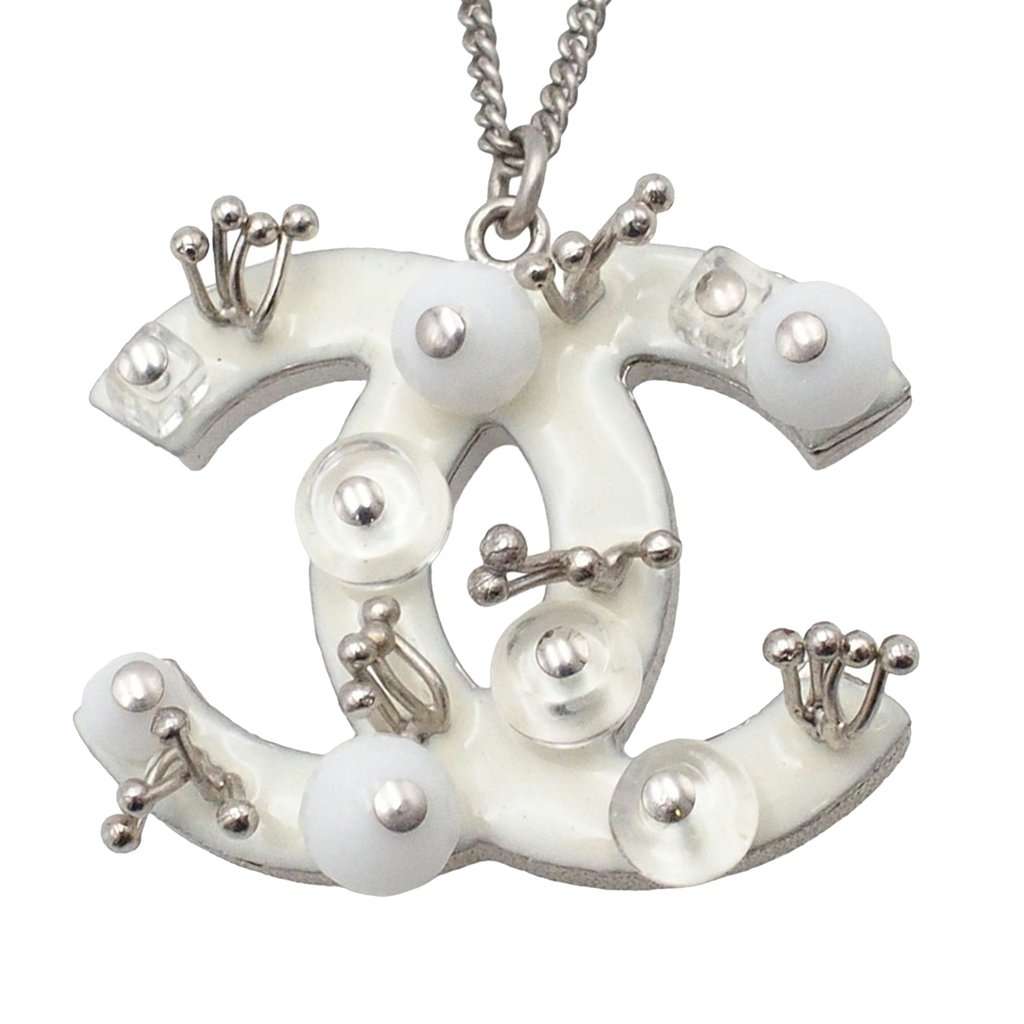 Chanel CC Brass Resin Studded Pendant Necklace Silver Metal Very good condition - Back View