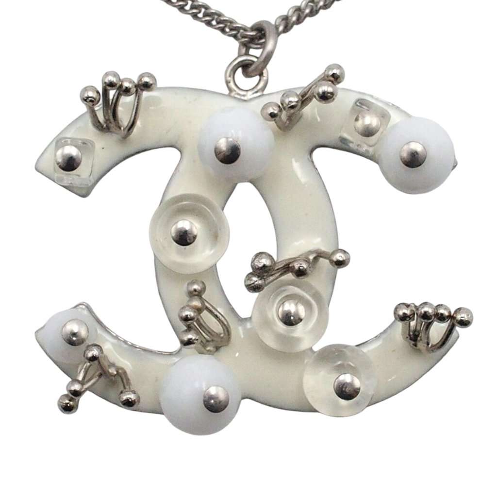 Chanel CC Brass Resin Studded Pendant Necklace Silver Metal Very good condition - Inside View