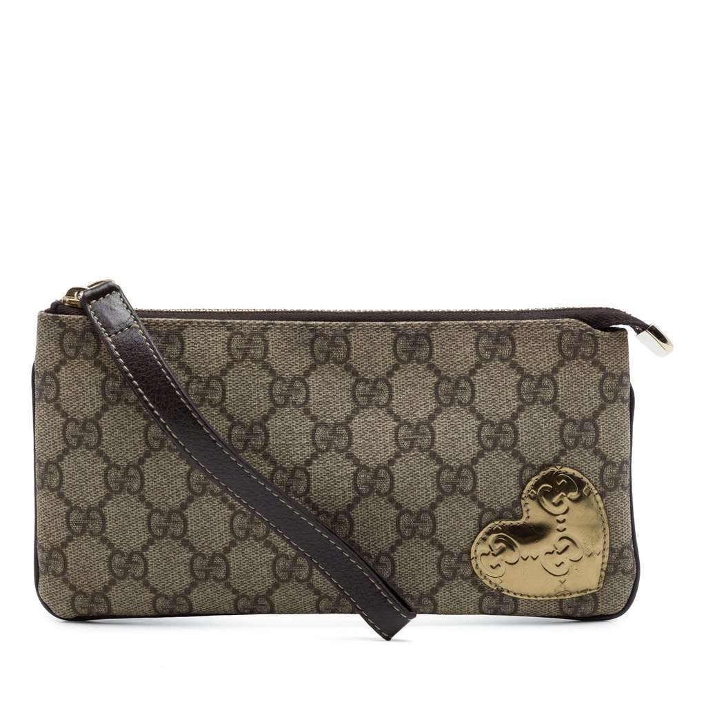 Gucci Guccissima Heart Trimmed GG Supreme Wristlet Clutch Brown Very good condition - Front View