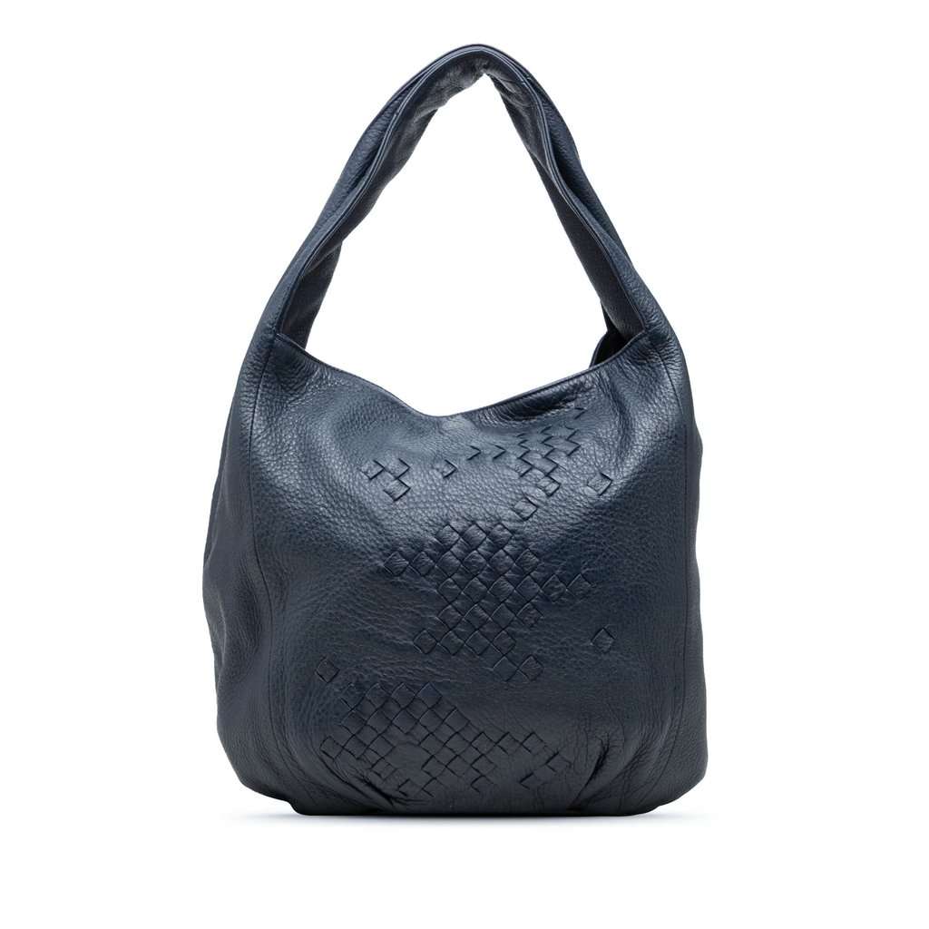 Bottega Veneta Intrecciato Trimmed Cervo Deerskin Hobo Blue Leather Very good condition - Front View