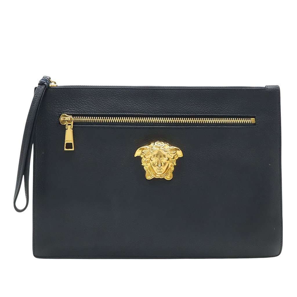 Versace Large La Medusa Palazzo Leather Clutch Black Leather Very good condition - Front View