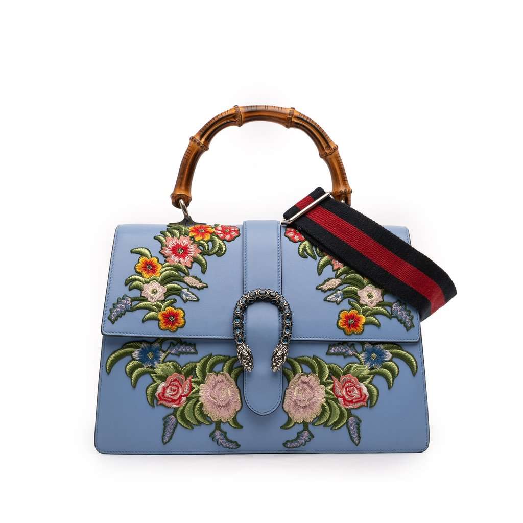 Gucci Large Calfskin Floral Embroidered Bamboo Dionysus Web Satchel Blue Leather Very good - Front View